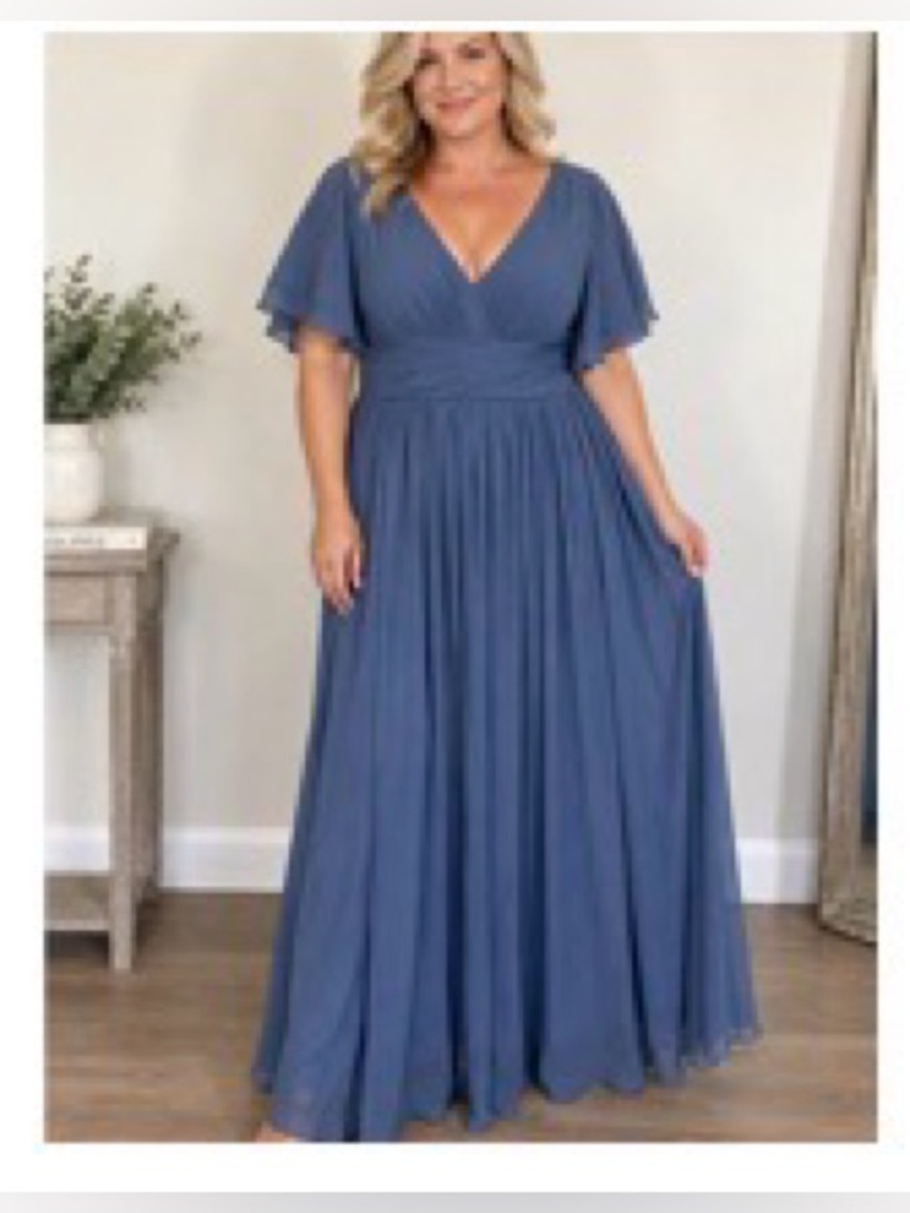 NWT JJ House Dusty Blue V-Neck Flutter Sleeve Maxi Gown